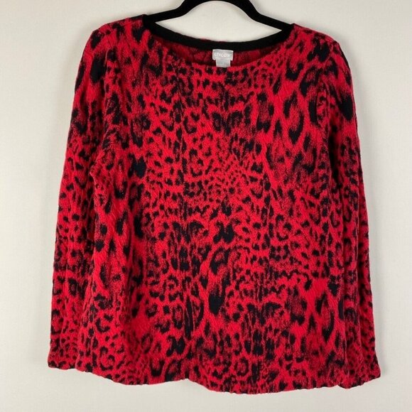 Chicos Sweater Womens 2 US Large Pullover Animal Print Red Black Long Sleeve - Picture 1 of 9